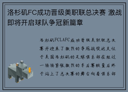 洛杉矶FC成功晋级美职联总决赛 激战即将开启球队争冠新篇章