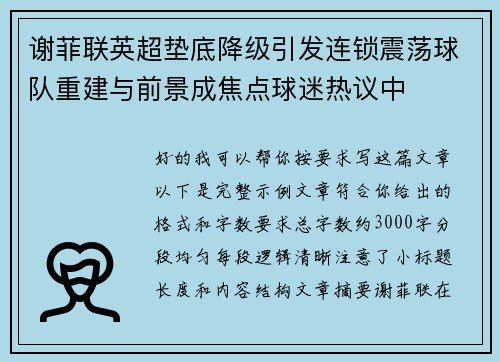 谢菲联英超垫底降级引发连锁震荡球队重建与前景成焦点球迷热议中